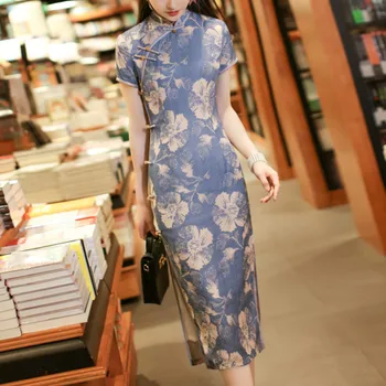 Традиционното женствена рокля Ципао в китайски стил, Реколта Елегантни рокли-Чонсамы с флорални принтом, жена красива рокля Оверсайз за парти