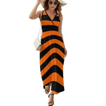 Черно-оранжево рокля без ръкави, рокли за жени, летни дрехи за фестивала 2023, дамски дрехи