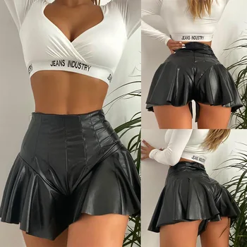 Черна пола от изкуствена кожа с волани, къси панталони, дамски модерен, секси, с цип, с висока талия, тънки панталони-кюлоты, дамски панталони в тон
