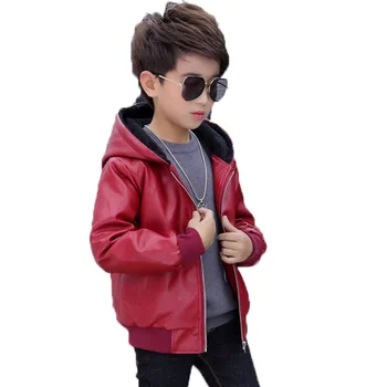 Зимно яке от изкуствена кожа за момче 2023, корейската версия, Плюс плътно бархатное модно палто с качулка, красива ежедневни детски дрехи