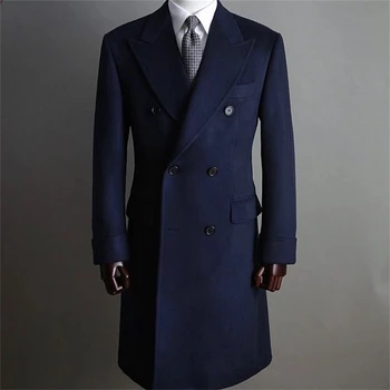 Тъмно синьо зимно Дълго яке за мъже, Смокинги, Свободни реколта ретро костюми, за да си официална вечеря, абитуриентски бал, мъжки костюми, направени по поръчка Сако (1 яке)