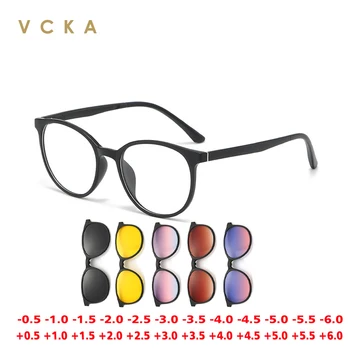 VCKA 6 in1 Слънчеви очила за късогледство в рамка с магнитен клипс, кръгли дамски слънчеви очила, Моден тренд, поляризирани адаптивни очила