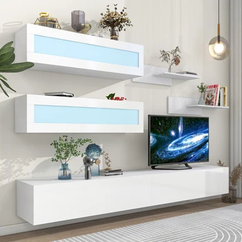 Стенни плаващ поставка за телевизор с четири шкафчета за съхранение на мултимедия и две рафтове, модерен развлекателен център с висока плътност бял цвят
