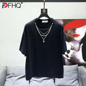 PFHQ, Лятна мода Мъжка тениска, обикновена Свободни Блузи с кръгло деколте и къс ръкав, Тъмно облекло приливи и отливи, Удобни Луксозни тениски с веригата 21F4085