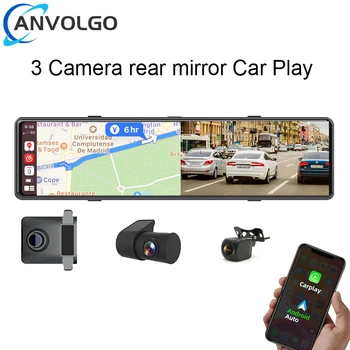 3 Камера 2K Dash Cam 1080P Огледало за обратно виждане записващо устройство, Безжична Carplay Android Auto Wifi GPS Навигация BT Автомобилен Видеорекордер App Control