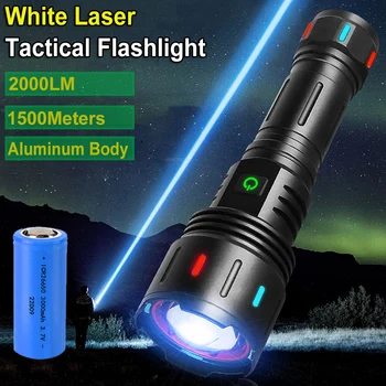Бял лазерен фенерче, супер ярки led фенерче с блок захранване, уличен мощен телескопична увеличение, тактически фенер голям обсег на действие