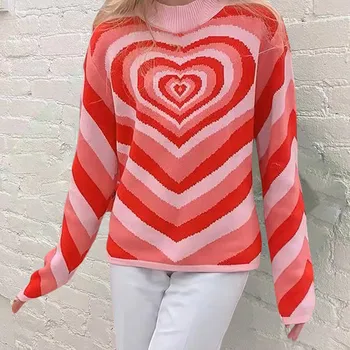 Дамски пуловери Y2K, Ретро разпечатки във формата на сърце, цветни Пуловери с дълъг ръкав и кръгло деколте, Свободни Эстетичные Джъмпери, Есенно-зимния трико