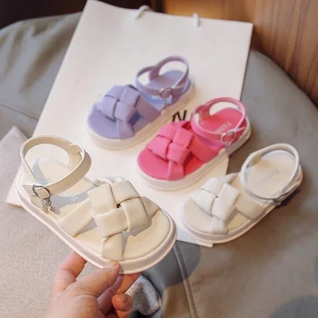 Нови обикновена сандали за момичета, модни детски сандали с плетене на една кука и линия, лятна обувки за плажна принцеса подметка