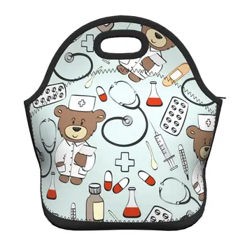 Чанта за обяд с шарките на медицински сестри с мечка, утепленная неопреном, чанта за обяд за жени, Медицинска чанта за медицински сестри, Термосумка за обяд, Офис, Екскурзия, пътуване