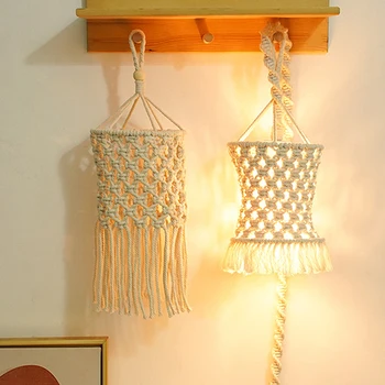 Лампион от памучни въжета, висящи лампа ръчно плетени в скандинавски стил Бохо-красива декорация за всекидневната, лампа с пискюли