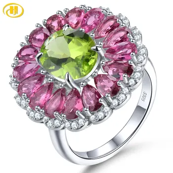 Натурален турмалинд, оливин, пръстени от чисто сребро 5,3 карата, дизайн с цветна цвете, луксозен прекрасна топ, изискани бижута