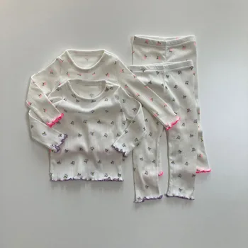 Детски дрехи, дрехи Пижамный комплект за момичета, Пролет-есен 2023, Нова Мода Домашно облекло в Корейски стил, Всекидневни комплект от две части с цветя