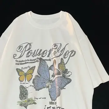 Памучен тениска със сладка пеперуда и графити, модна тениска Harajuku за мъже и жени, градинска тениска Y2K в ретро стил, Свободна тениска оверсайз