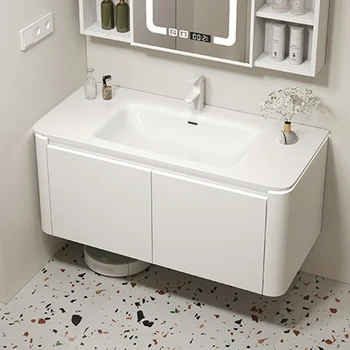 Стенен пространствен алуминиев шкаф за баня лесен шкаф за баня, крем вятърна керамични интегрирана комбинация