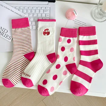 Нови Есенно-зимни Маркови чорапи с розови плодове, Чорапи на точки и райета, Дамски чорапи в стил Kawai Харадзюку, Кальцетины