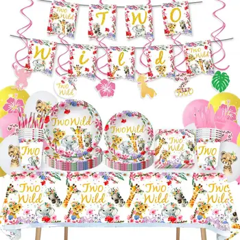 Мультяшная Розова двугодишно дивата Тема за момичета, Украса за детски Рожден Ден, Хартиена Чаша, Чиния, в цилиндър за торта, Аксесоари за партита за момичета